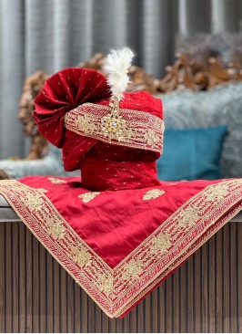 Maroon Groom Wear Silk Fabric Dupatta And Safa