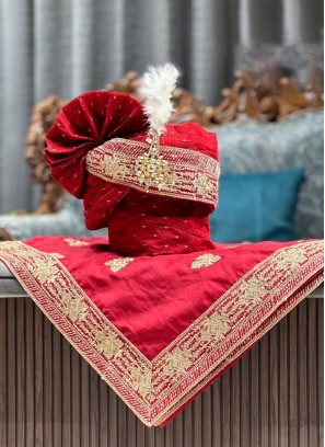 Maroon Groom Wear Silk Fabric Dupatta And Safa