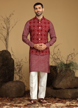 Maroon Nehru Jacket Set With Floral Printed Work