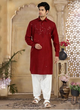 Maroon Pathani Kurta Set In Slub Cotton