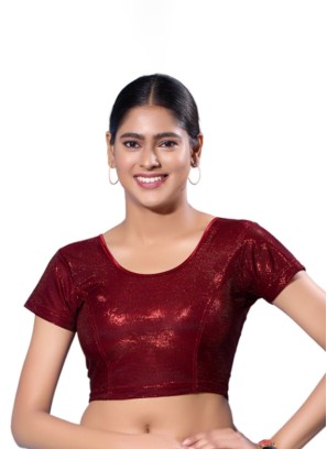 Maroon Readymade Blouse In Shimmer With Round Neckline