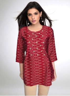 Maroon Readymade Printed Kurti In Straight Cut