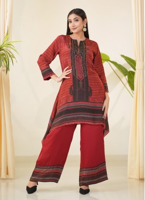Maroon Satin Silk Printed Co Ord Set For Women