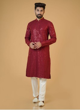 Maroon Sequins Embroidered Cotton Silk Kurta Pajama