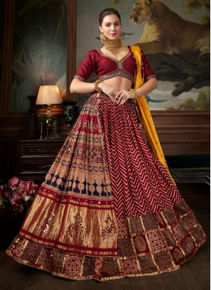 Maroon Wedding Wear Ajrakh Printed Lehenga Choli