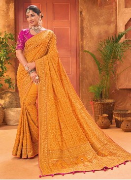 Elegant Orange Kachhi Embroidered Silk Saree