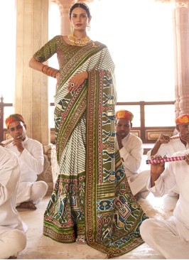 Mehndi Green And White Patola Printed Silk Saree