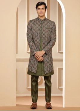 Mehndi Green Jacket Style Indowestern Set For Groom