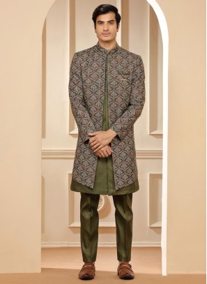 Mehndi Green Jacket Style Indowestern Set For Groom