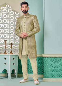 Mehndi Green Jacket Style Indowestern With Thread Embroidery