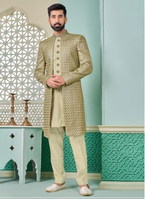 Mehndi Green Jacket Style Indowestern With Thread Embroidery