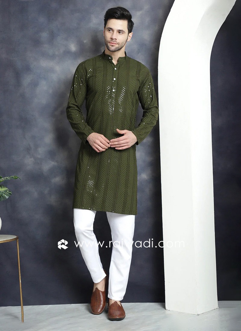 Mehndi Green Sequins Embroidered Kurta Pajama For Men