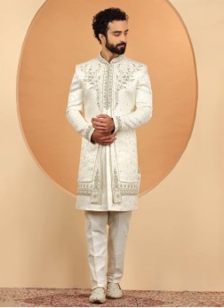 Men's Wedding Jacket Style Cream Embroidered Sherw