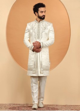 Men's Wedding Jacket Style Cream Embroidered Sherwani