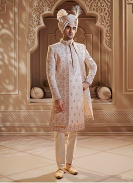 Men's Wedding Jacket Style Golden Cream Embroidered Sherwani