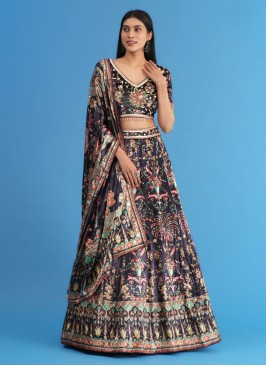 Mesmerizing Navy Blue Printed Velvet Lehenga Choli