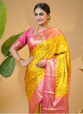 Mesmerizing Yellow And Pink Kanjivaram Silk Saree