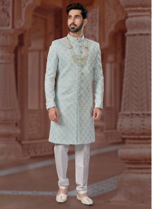 Mint Blue Festive Wear Embroidered Indowestern Set