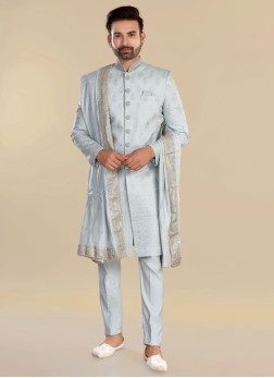 Mint Blue Silk Embroidered Indowestern Set