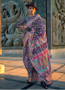 Dark Blue Woven Saree In Pashmina Silk