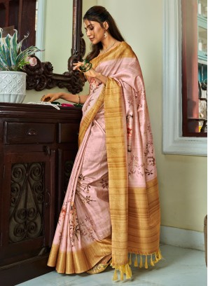 Light Peach Digital Printed Festival Handloom Silk Saree