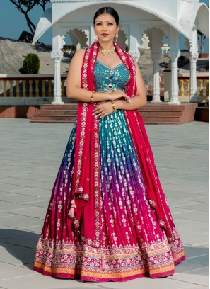Multi Chiffon Lehenga Suit With Sequins Embroidery
