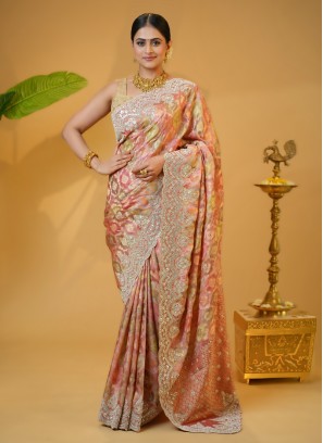 (Free full draping )Orange and green soft silk saree with aari worked blouse