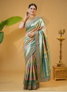 Multi Color Embroidered Border Saree In Banarasi Silk