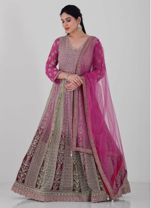 Multi Color Embroidered Gown In Net With Dupatta