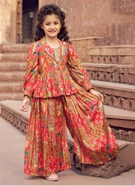 Multi Color Silk Palazzo Set With Printed Jacket