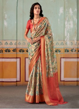 Cream Color Fancy Printed Contemporary Tissue Silk Saree