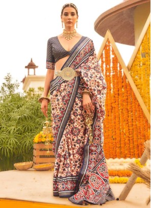 Cream & Blue Silk Patola Printed Silk Saree