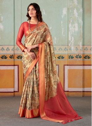 Charming Cream Fancy Printed Printed Tissue Silk Saree