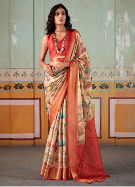 Baby Pink Fancy Printed Contemporary Tissue Silk Saree