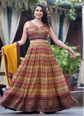 Mesmerizing Multi Colored Designer Chinon Silk Lehenga Choli