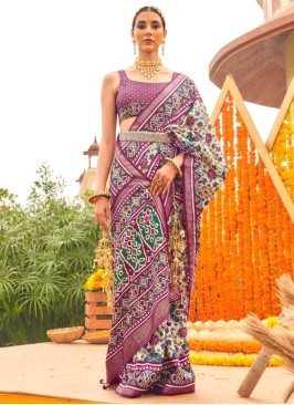 Beige And Purple Patola Printed Silk Saree