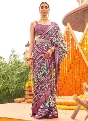 Beige And Purple Patola Printed Silk Saree