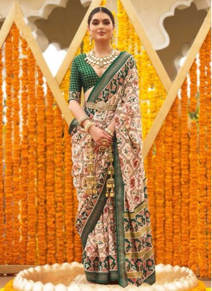 Beige And Green Patola Printed Silk Saree