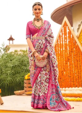 Beige And Pink Silk Patola Printed Saree