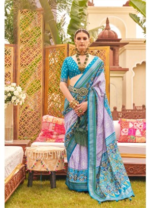 Lilac And Sky Blue Contemporary Silk Saree