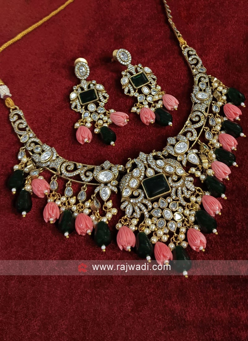 Multicolor Gold Finish Necklace Set With Studded Diamond