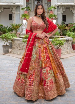 Multicolor Printed And Embroidered Chiffon Lehenga