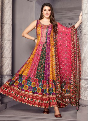 Multicolored Silk Anarkali Dress with Dupatta