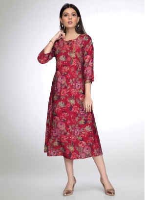 Muslin Silk Red Floral Printed A-Line Kurti