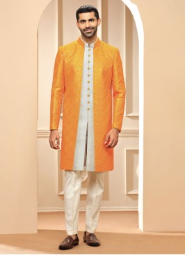 Mustard And Cream Thread Embroidered Indowestern Set