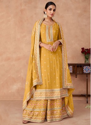 Yellow Embroidered Palazzo Set With Dupatta