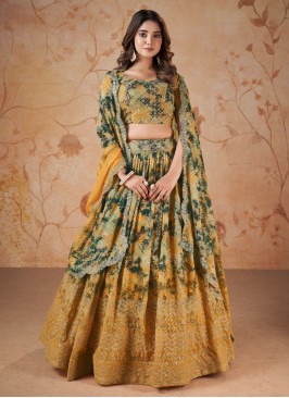 Mustard Yellow And Green Georgette Lehenga Choli