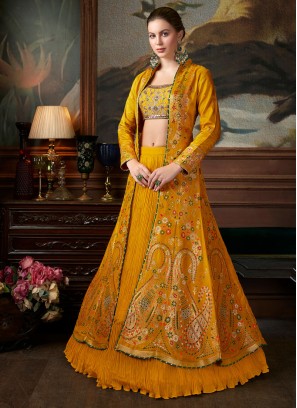 Peach color long anarkali jacket lehenga – Panache Haute Couture