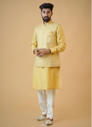 Mustard Yellow Designer Nehru Jacket Set For Wedding
