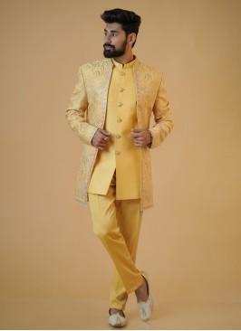 Mustard Yellow Embroidered Indowestern Set With Jacket
